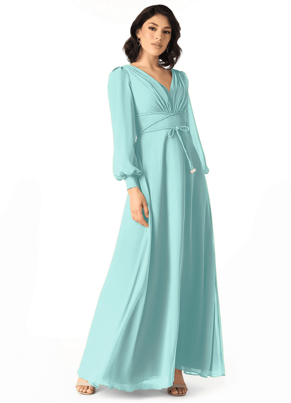 Azazie Sage Bridesmaid Dresses Aqua A-Line Long Sleeve Chiffon Dress image1