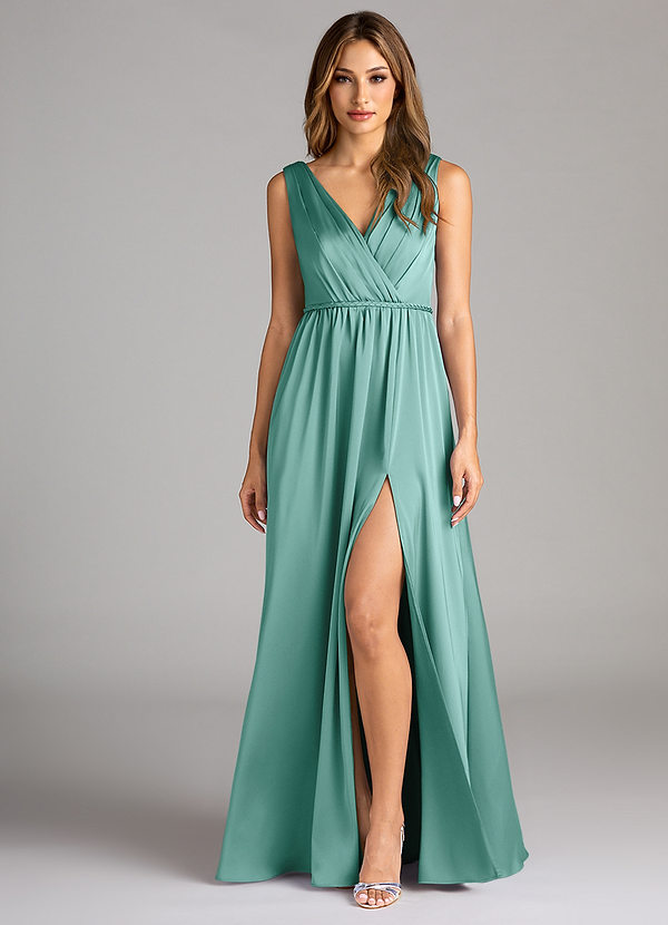 Azazie Tanicia Bridesmaid Dresses Aqua A-Line Pleated Stretch Satin Dress image1