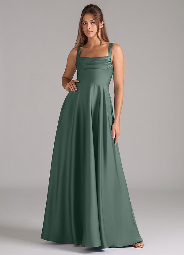 Azazie Shaude Bridesmaid Dresses Sea Moss A-Line Pleated Stretch Satin Dress image1