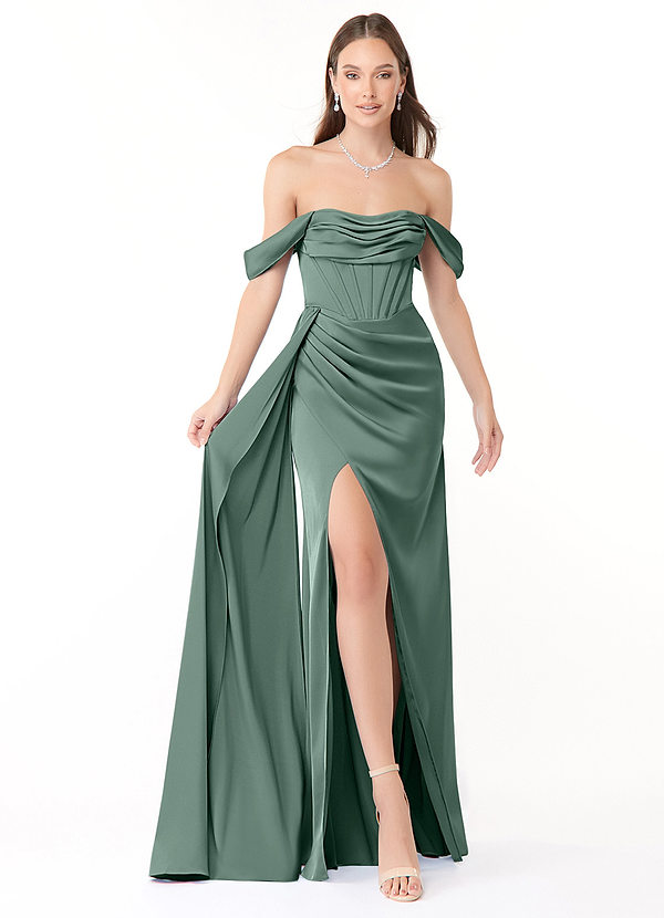 Azazie Amyra Bridesmaid Dresses Eucalyptus Fitted Convertible Stretch Satin Dress image1