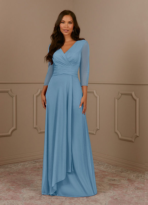 Azazie Annetta Robe Mère de la Mariée & du Marié Robe Trapèze en Maille Col en V à manches longues Acier Bleuté image1