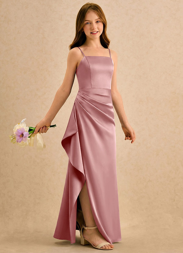 Azazie Cannoli Girls Formal Bloemenmeisjesjurken A-Lijn Jurk van Stretch Satijn Geplooide Stoffige Roos image1