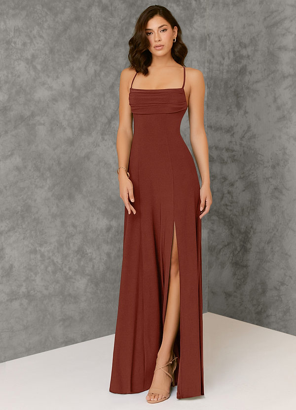 Azazie Aubrianna Bridesmaid Dresses A-Line Pleated Luxe Knit Floor-Length Dress image1