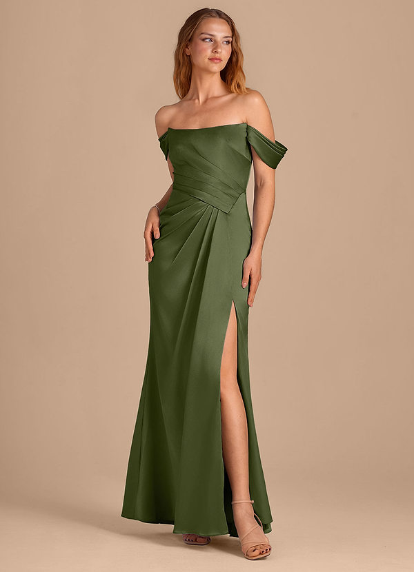 Azazie Shea Vestidos Dama de Honor Vestido de Oliva de Satén Metálico de Corte Sirena Convertible con Vestidos sin tirantes image1