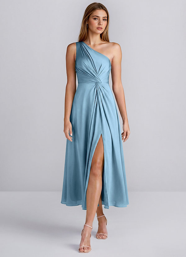Hermine Steel Blue One Shoulder Satin Slit Midi Dress image1