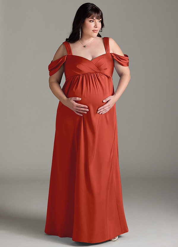 Azazie Rhea Robe demoiselle d'honneur enceinte Robe Trapèze Épaule nue plissée Longueur ras du sol Satin extensible image1