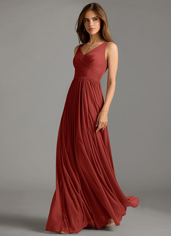 Azazie Keyla Robes Demoiselle d'honneur Robe Trapèze en Maille Plissée Terracotta image1