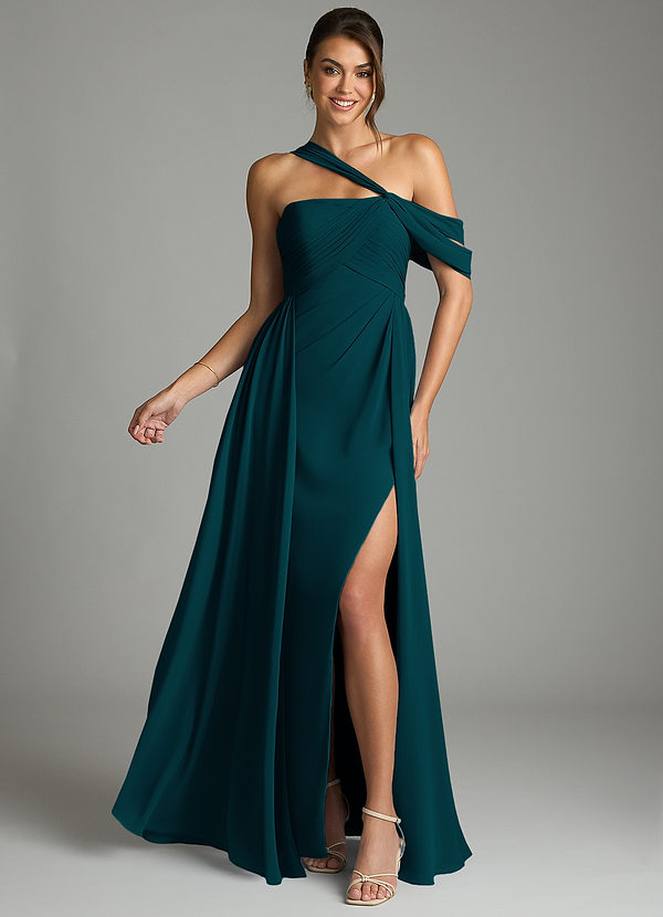Azazie Kassandra Bridesmaid Dresses Pine A-Line Off the Shoulder Chiffon Dress image1
