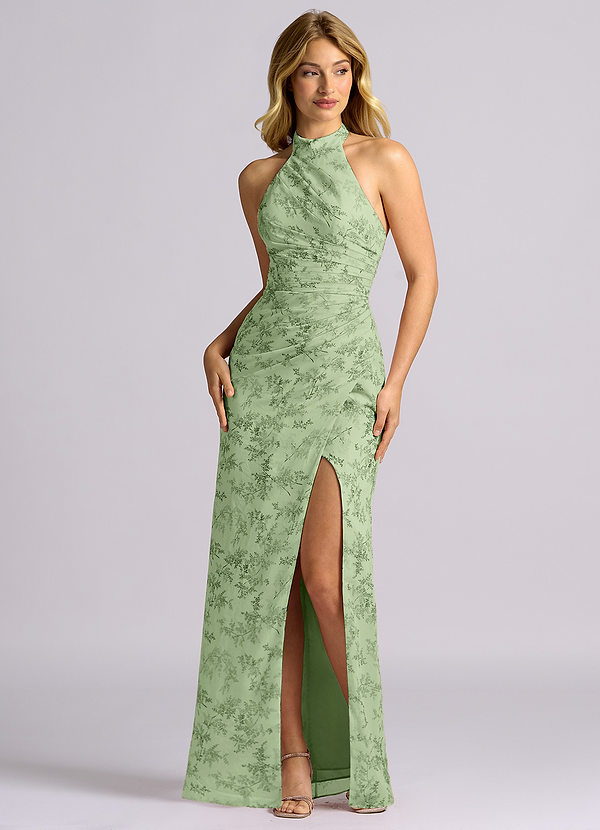 Azazie Jemma Brautjungfernkleider Etui Plissee Chiffon Kleid Grüner Farn Blumen image1