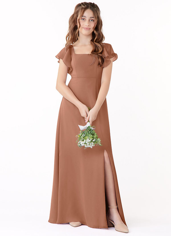 Azazie Bondi Junior Bronzer A-Line Bow Chiffon Dress image1