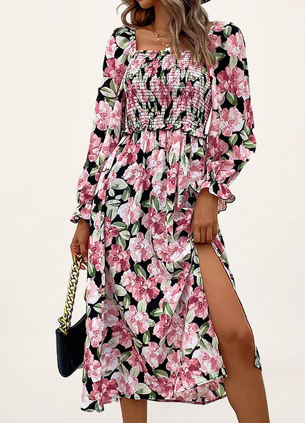 front Flomaton Rose Rougissant Robe midi smockée à manches longues et imprimé floral