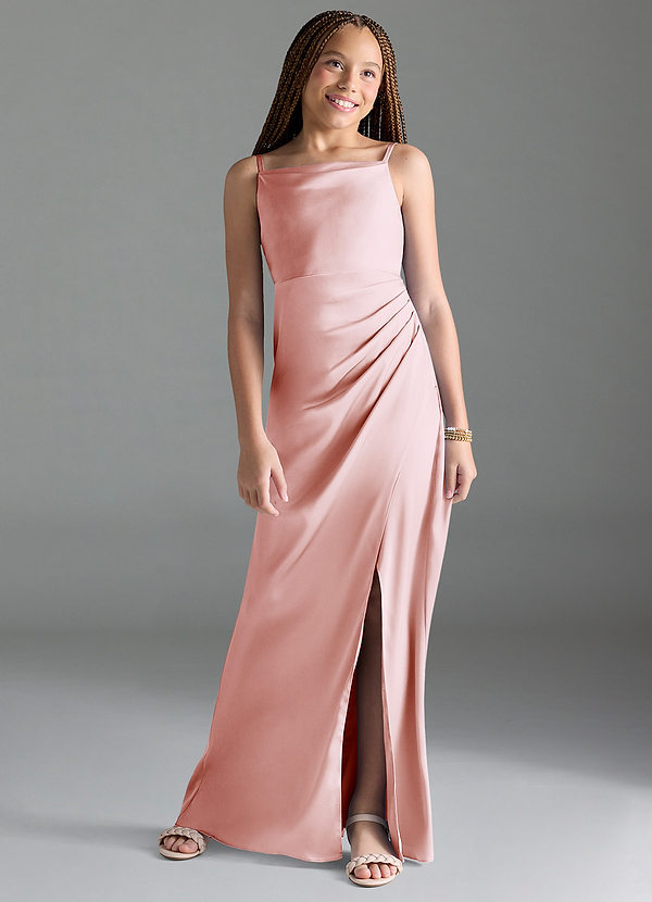 Azazie Leonis Junior Blushing Pink A-Line Pleated Stretch Satin Dress image1