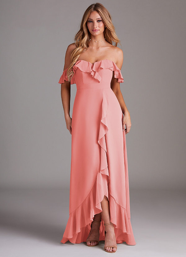 Azazie Lyra Bridesmaid Dresses Coral A-Line Chiffon Convertible Dress image1