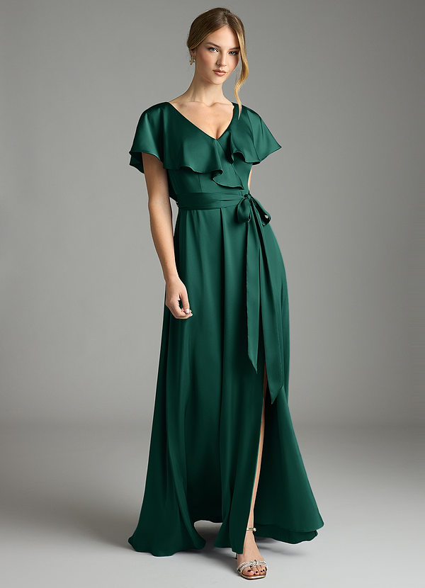 Azazie Lainey Bridesmaid Dresses Emerald A-Line with Pockets Stretch Satin Dress image1