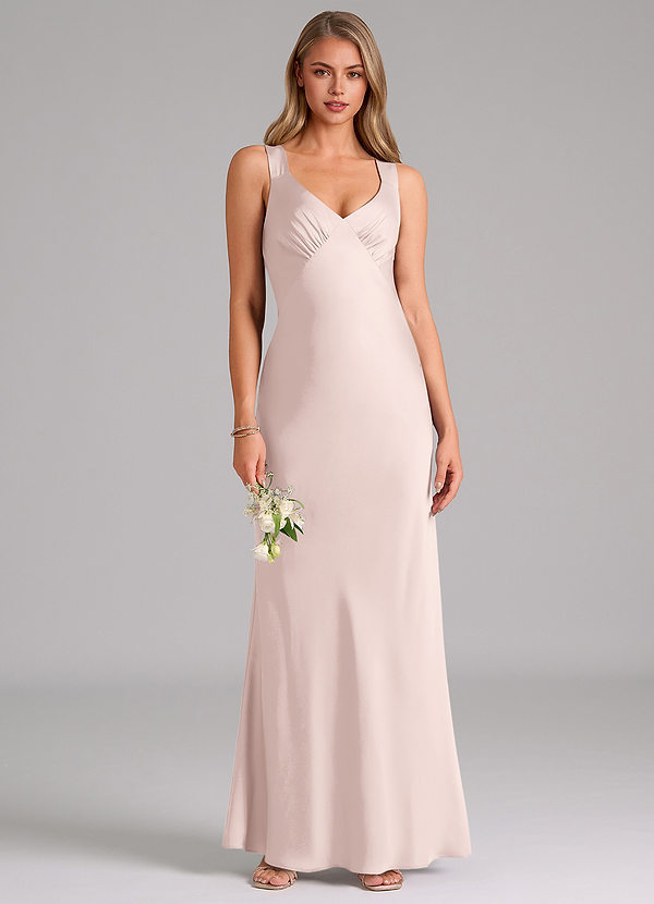 Azazie Kamila Bridesmaid Dresses Blushing Pink A-Line Pleated Stretch Satin Dress image1