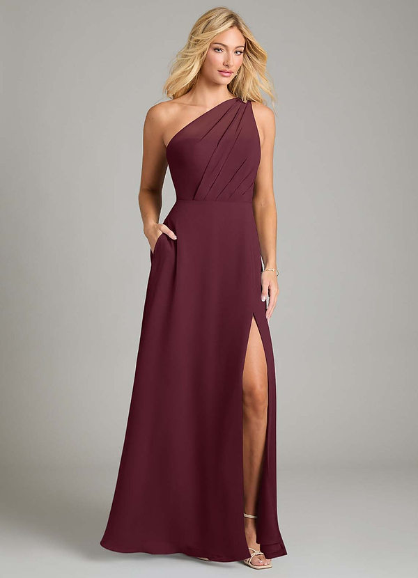 Azazie Phaedra Bridesmaid Dresses Cabernet A-Line One Shoulder Chiffon Dress image1