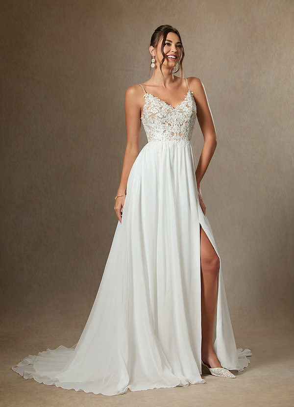 Azazie Gala Wedding Dresses Diamond White Nude A-Line Lace Chiffon Dress image1