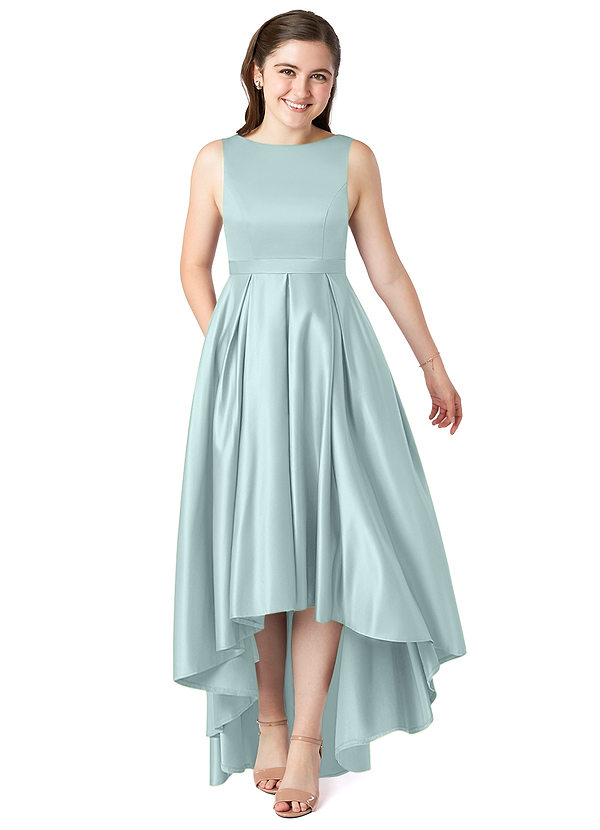 Azazie Inaya Junior Mist A-Line with Belt Stretch Satin Dress image1