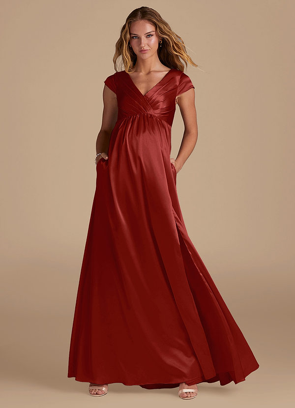 Azazie Allessia Maternity Bridesmaid Dresses A-Line Metallic Satin Floor-Length Dress image1
