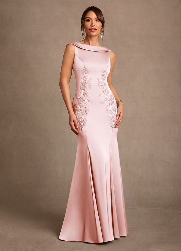 Azazie Franny Mother of the Bride Dresses Vestido Rosa Corado de Cetim elástico de Bainha com Renda image1