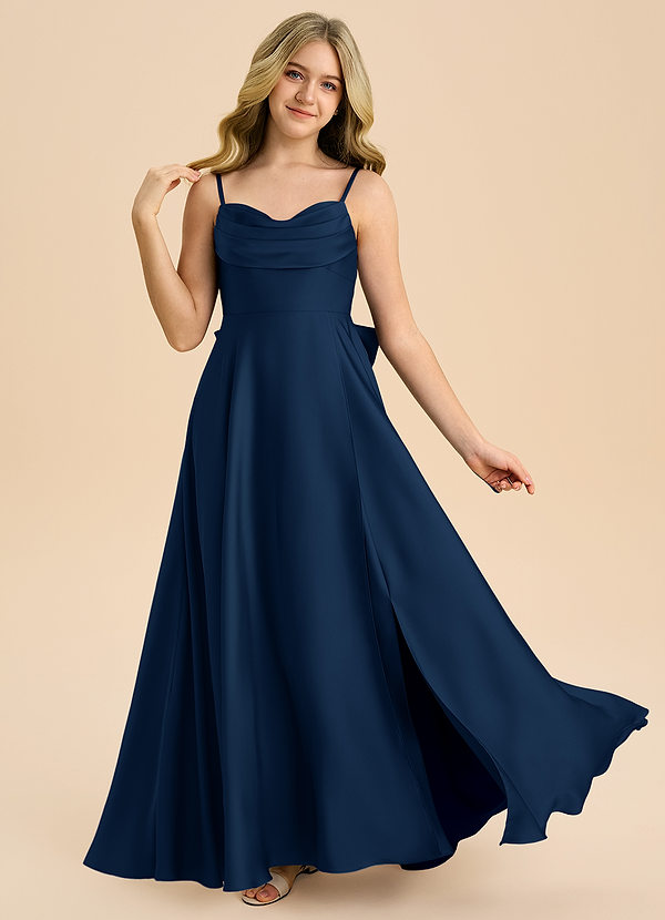 Azazie Bear Junior Dark Navy A-Line Sweetheart Neckline Stretch Satin Dress image1