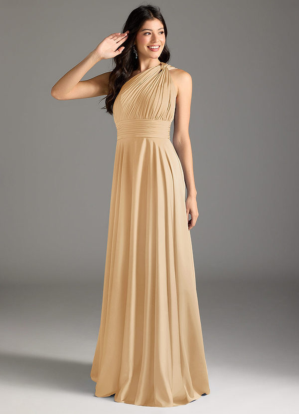 Azazie Charlize Bridesmaid Dresses Gold A-Line One Shoulder Stretch Satin Dress image1