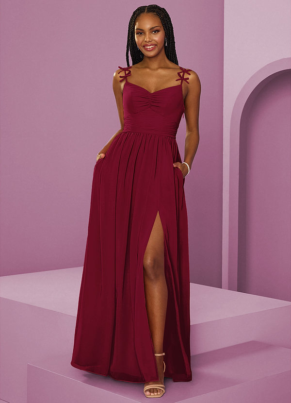 Barbie ♥ Azazie Robes Demoiselle d'honneur Robe Trapèze en Mousseline de soie Plissée Bourgogne image1