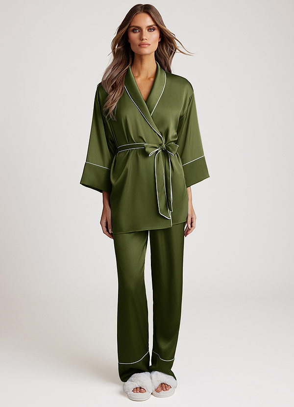 front Olive Satin Trim Pajama Set