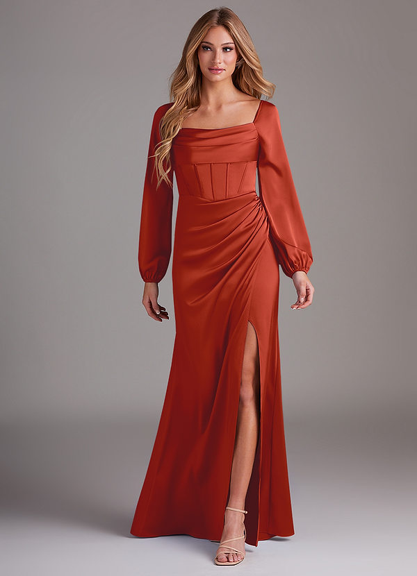 Azazie Charissa Bridesmaid Dresses Rust Sheath Long Sleeve Stretch Satin Dress image1