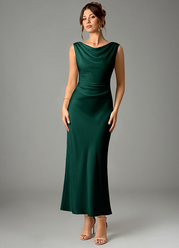 Azazie Kieryn Bridesmaid Dresses Emerald Mermaid Pleated Stretch Satin Dress image1