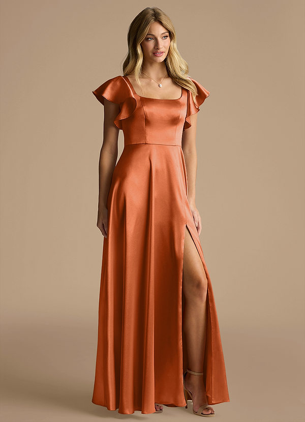 Azazie Bondi Bridesmaid Dresses Burnt Orange A-Line Bow Metallic Satin Dress image1