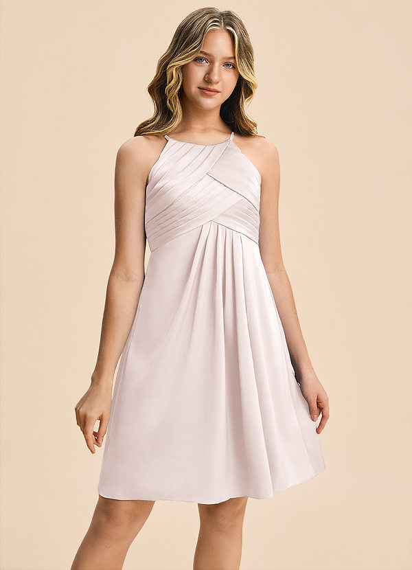 Azazie Ginny Junior Blushing Pink A-Line Pleated Stretch Satin Dress image1