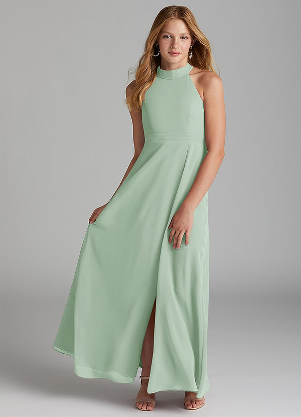 Azazie Clarice Junior Abito A-Line in Chiffon Spacco Laterale Agave image1