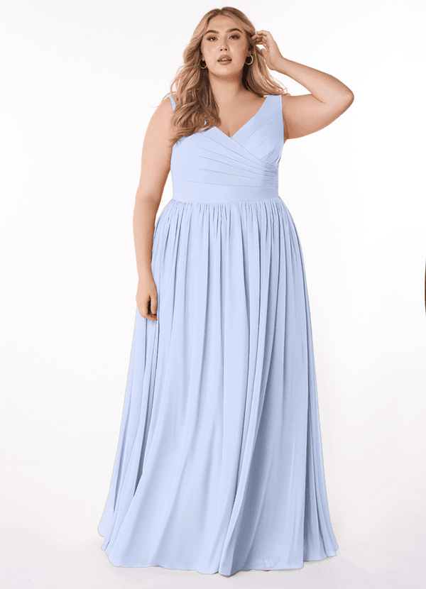 Azazie Keyla Bridesmaid Dresses Ice A-Line V-Neck Pleated Chiffon Dress image1