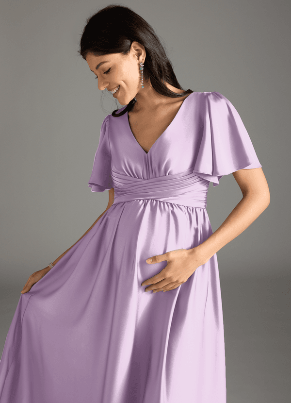 Azazie Verna Maternity Bridesmaid Dresses A-Line Ruched Stretch Satin Floor-Length Dress image1