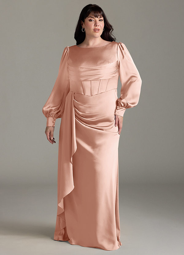 Azazie Raye Robes Demoiselle d'honneur Robe Sirène en Satin extensible Manche longue Or Rose image1