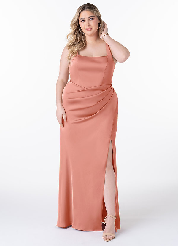 Azazie Mero Bridesmaid Dresses Coral Sheath Pleated Stretch Satin Dress image1