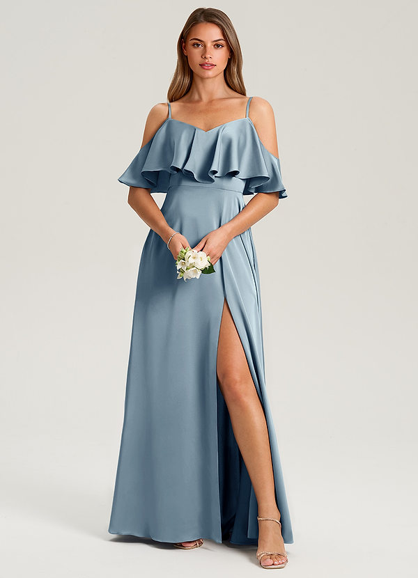Azazie Jean Bridesmaid Dresses Dusty Blue A-Line Off the Shoulder Stretch Satin Dress image1