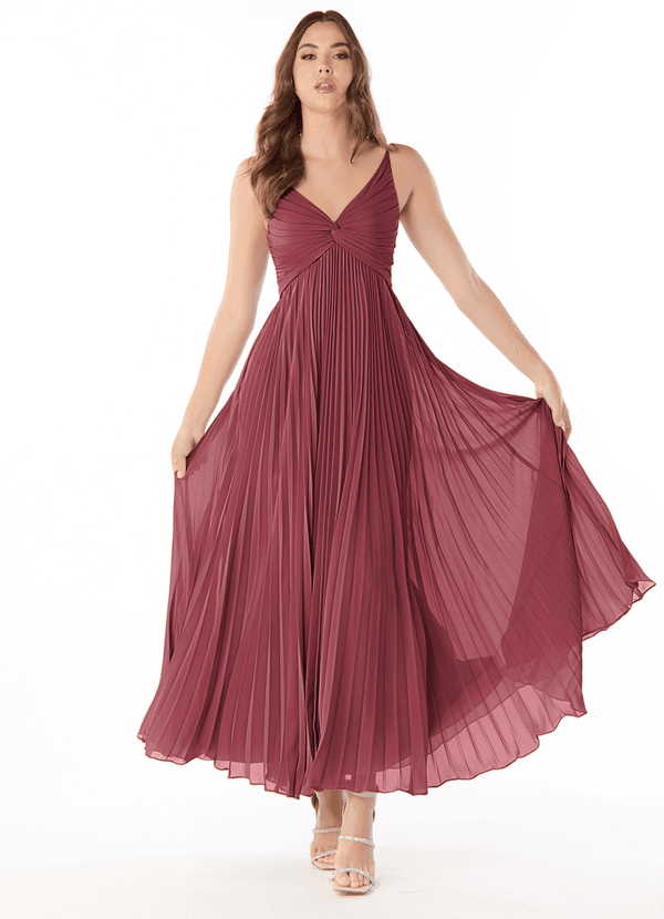 Azazie Raychelle Bridesmaid Dresses Vestido Merlot de Chiffon de Linha A com Plissado image1