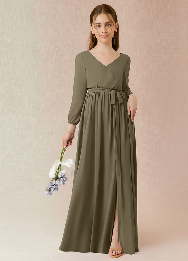 Azazie Angelica Junior Abito A-Line in Chiffon Plissettato Willow Green image1