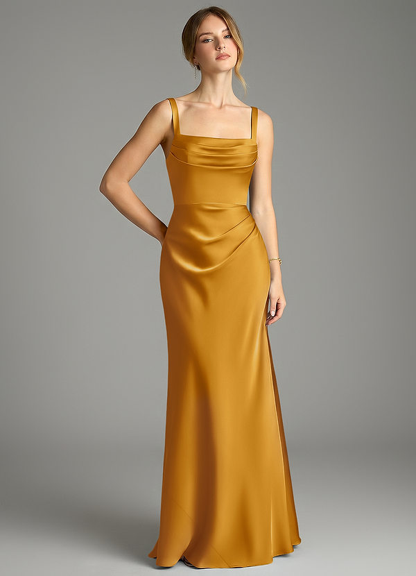 Azazie Alouette Bridesmaid Dresses Butterscotch Mermaid Pleated Stretch Satin Dress image1