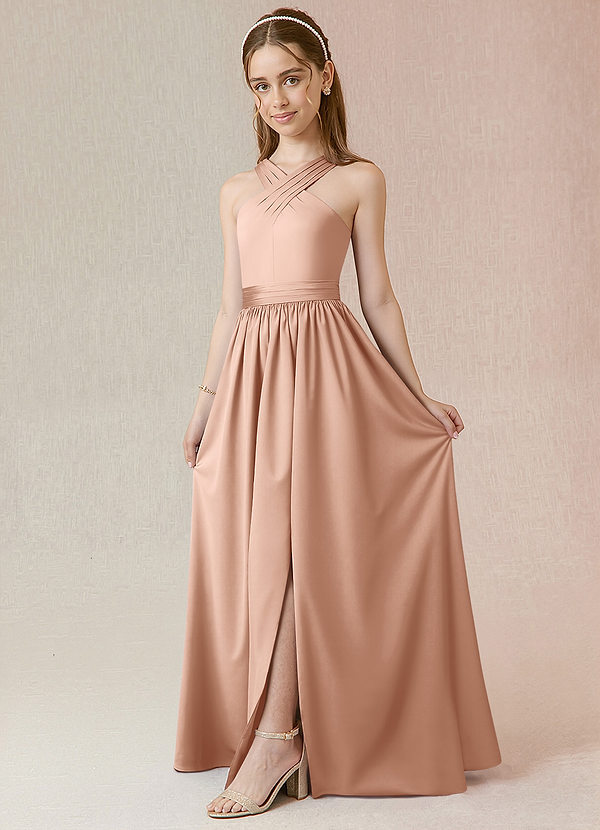 Azazie Jiya Junior Vestido de Oro Rosa de Satén Elástico de Corte En A con Plisado image1