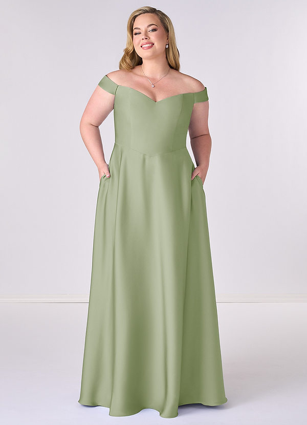Barbie ♥ Azazie Bridesmaid Dresses Dusty Sage A-Line Off the Shoulder Stretch Satin Convertible Dress image1