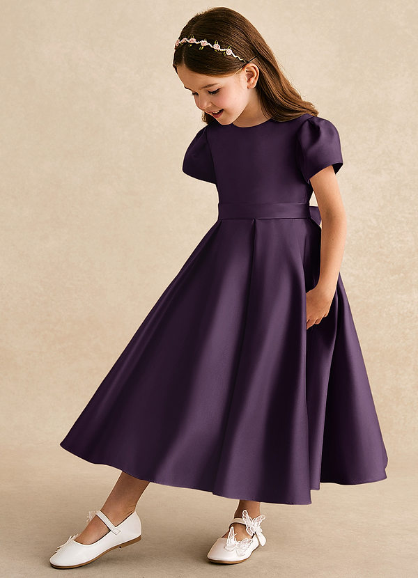 Azazie Princess Vestidos de Niña de Flores Vestido de Ciruela de Satin Mate de Corte En A con Plisado image1