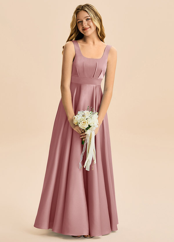 Azazie Gabby Junior Jurk van Stretch Satijn met A-Lijn Geplooid Stoffige Roos image1