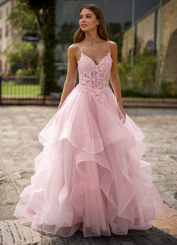 Spitze Pink A-line V Neck Sheer Lace Corset Ruffle Prom Dress image1