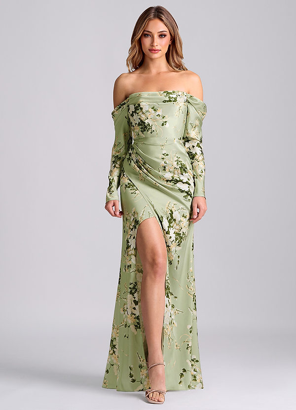 Azazie Hallie Bruidsmeisjes Jurken Converteerbaar Jurk van Stretch Satijn met Zeemeermin Off-the-shoulder lange mouw Bloemenranken image1