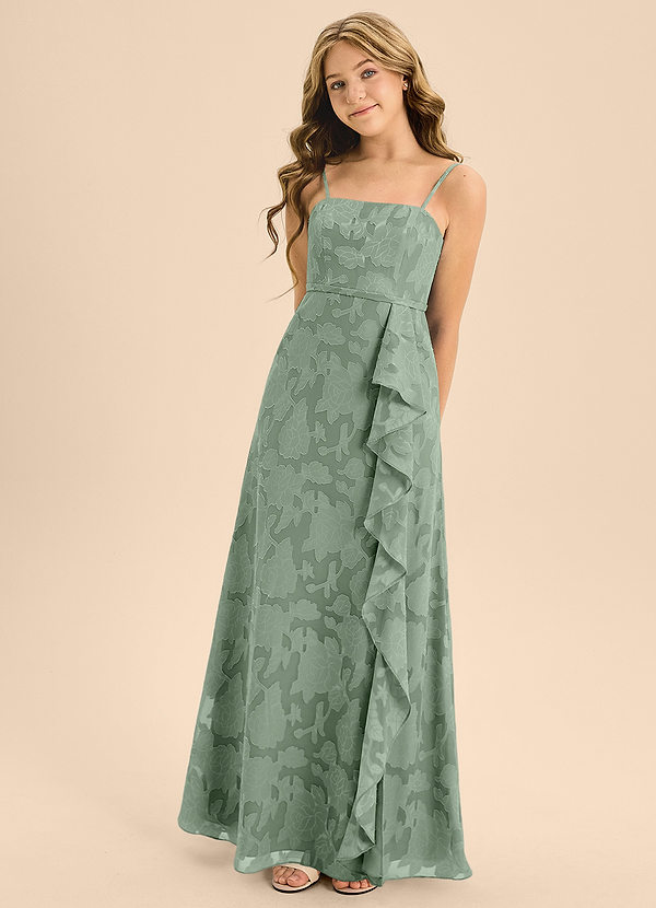 Azazie Kaylee Junior Matcha A-Line with Belt Floral Burnout Dress image1