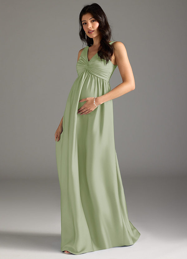 Azazie Yetta Maternity Bridesmaid Dresses A-Line Pleated Stretch Satin Floor-Length Dress image1