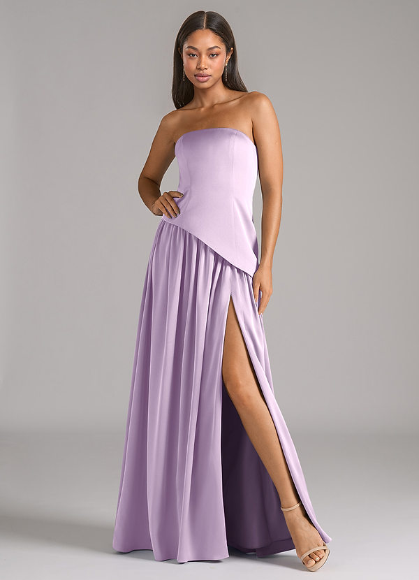 Azazie Adeline Bridesmaid Dresses Frosted Lilac A-Line Strapless Stretch Satin Convertible Dress image1
